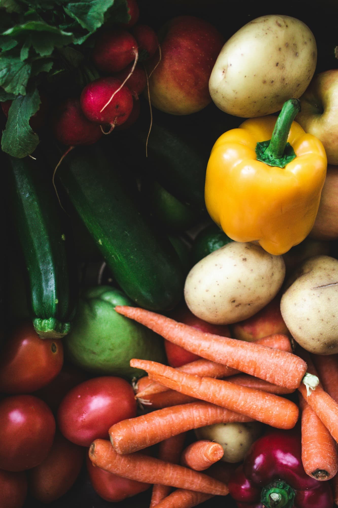 Overhead shot of fresh vegetables — radishes, peppers, potatoes, and carrots